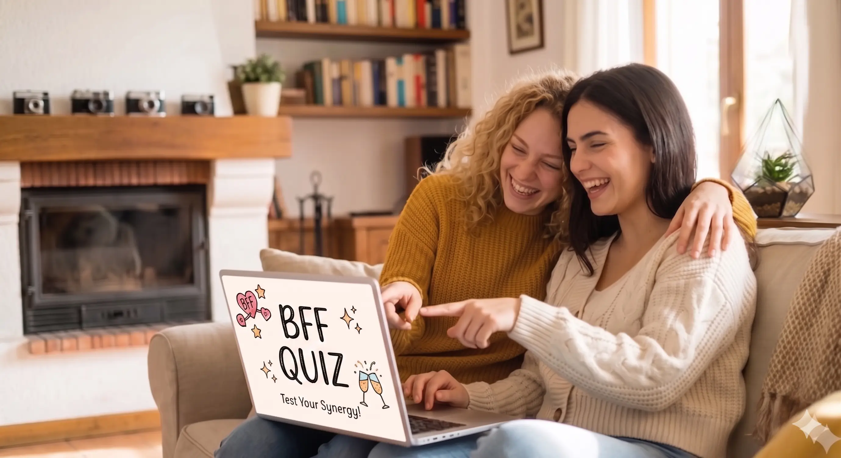 BFF Quiz on a laptop: friends gathered around the screen comparing who knows the creator best