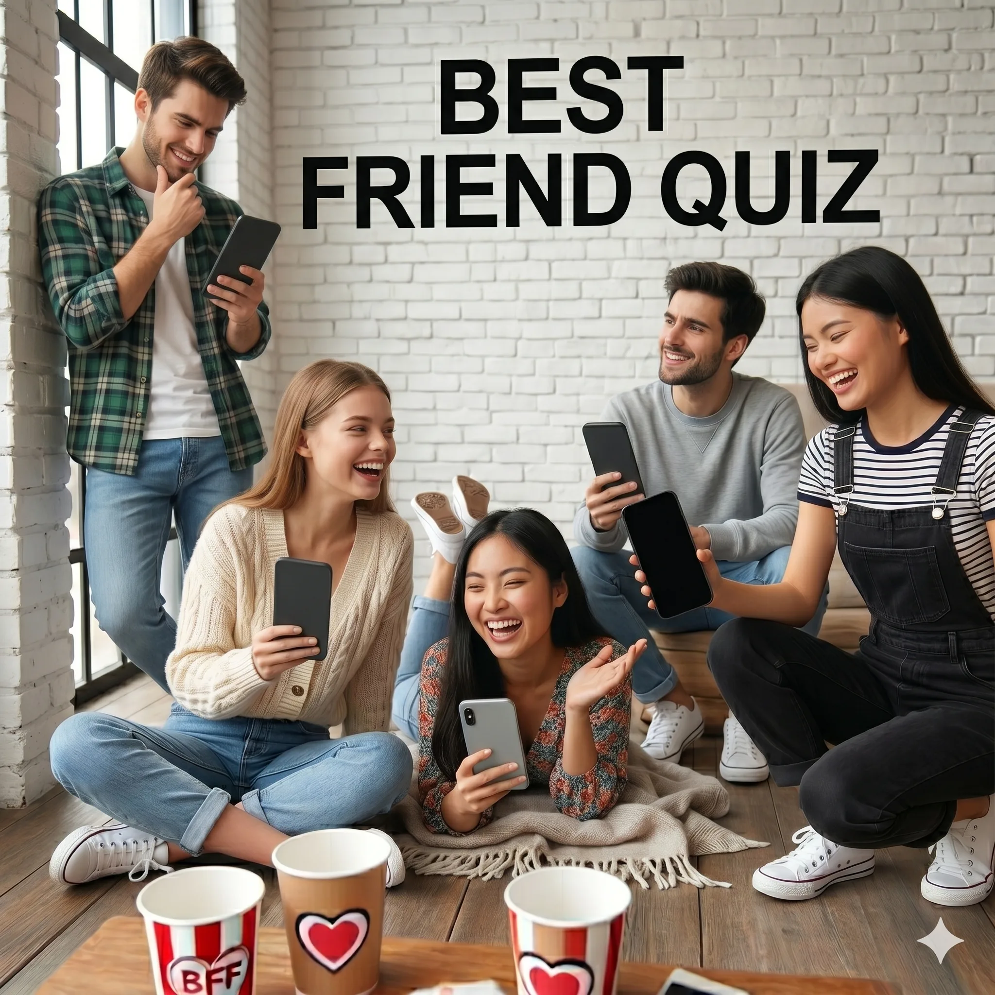 Friends playing a Friendship Dare Quiz on smartphones, smiling and tapping answers in a group chat energy