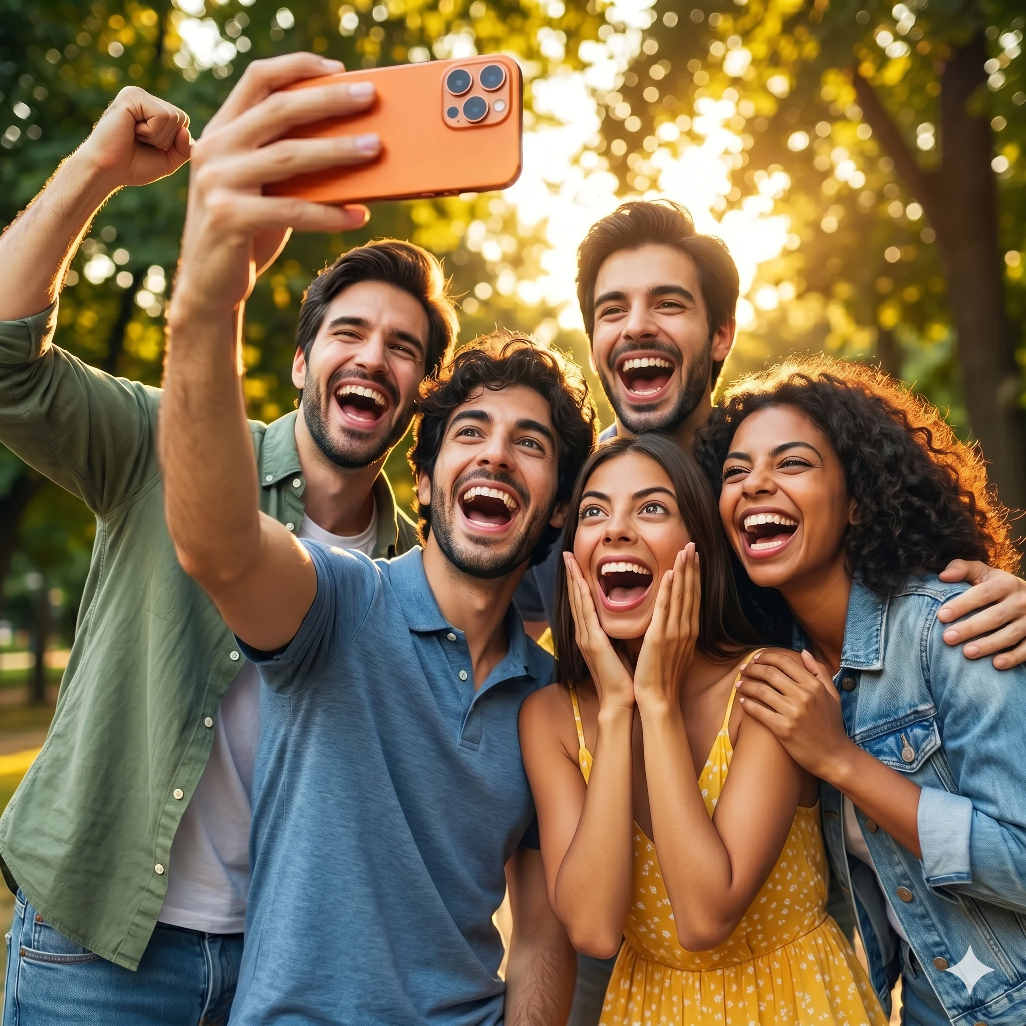 Friends outside laughing while checking Friendship Dare Quiz scores and leaderboard rankings on a phone